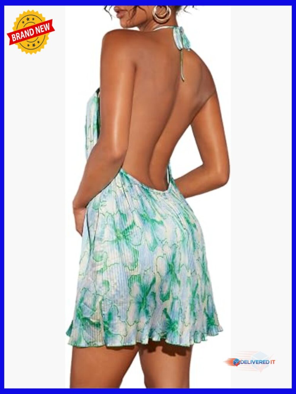 Womens Halter Dress Low Backless Tie Dye Floral Summer Beach Vacation Sundress